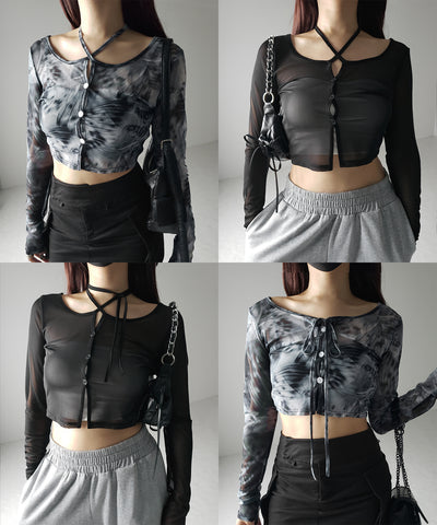 【 ３color ／ ２WAY 】クロスストラップリボンシアーショートカーディガン ／ cross strap ribbon sheer short cardigan