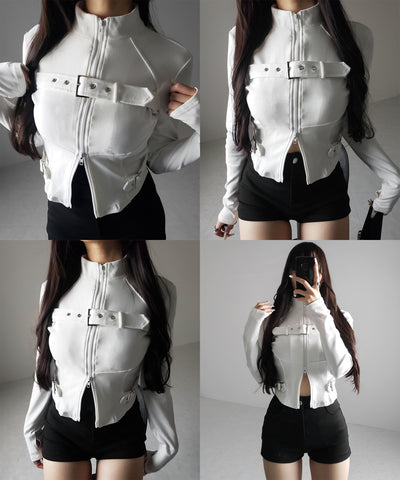 スタンドカラーベルテッドダブルジップスリムトップス ／ stand collar belted double zip slim tops