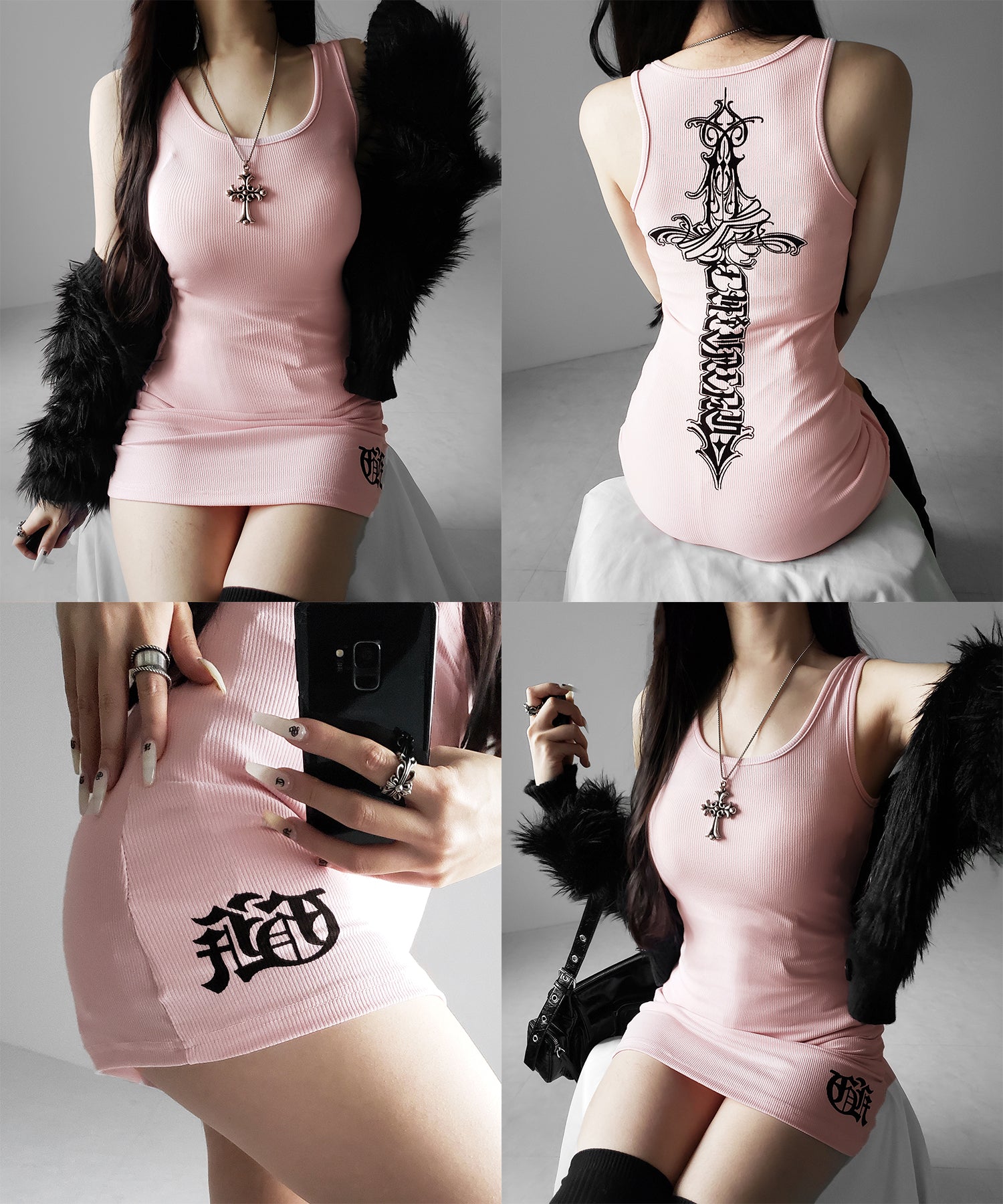 【 新色ピンク追加！】グランジロゴバッククロスタンクトップミニワンピ ／ grunge logo back cross tanktop mini onepiece