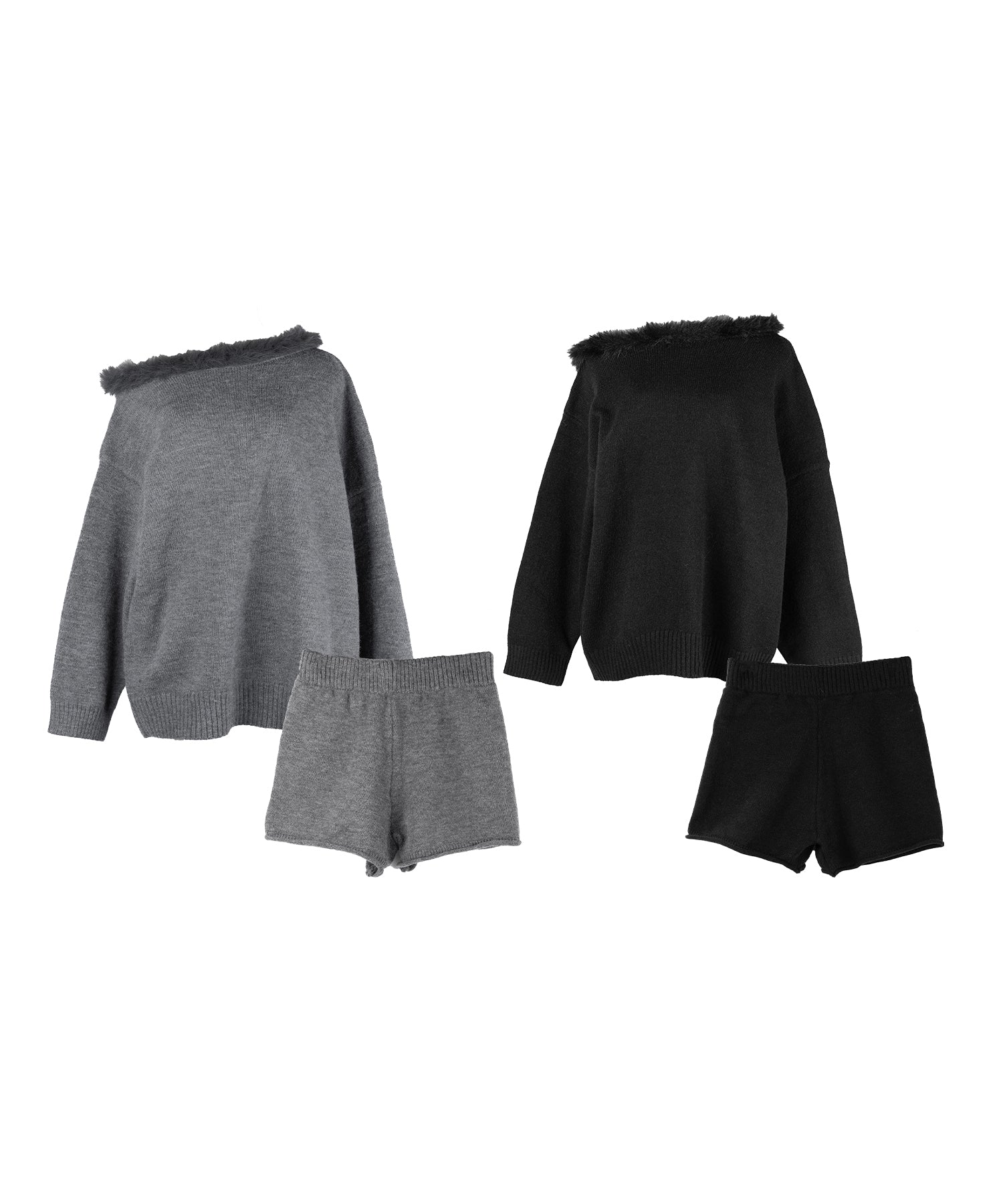 【 ニットセットアップ 】フェイクファーワンショルオーバーニット ＋ ニットショートパンツ SET ／ fake fur one-shoulder over knit + knit short pants SET