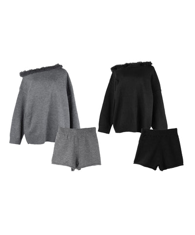 【 ニットセットアップ 】フェイクファーワンショルオーバーニット ＋ ニットショートパンツ SET ／ fake fur one-shoulder over knit + knit short pants SET