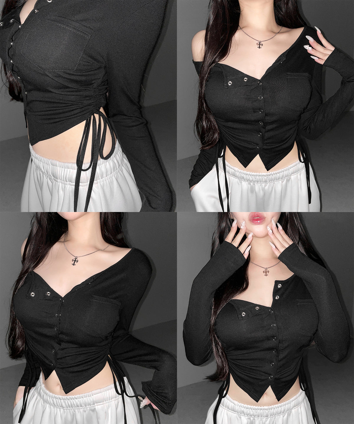 スナップボタンサイドシャーリング長袖ワンショルトップス ／ Snap button side shirring long-sleeved one-shoulder tops