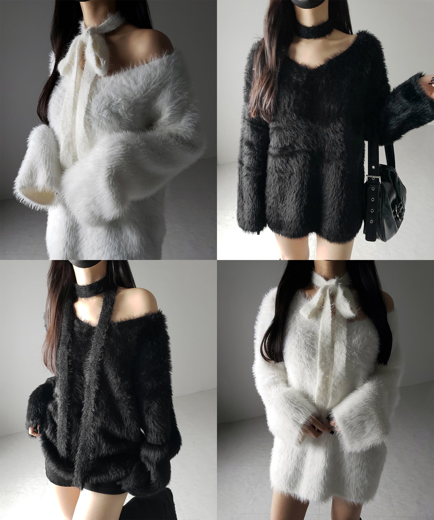 【 ２color 】チョーカータイ付きルーズシャギーニット ／ choker tie set loose shaggy knit