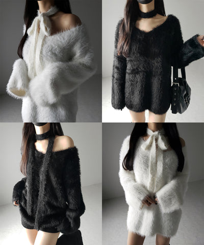 【 ２color 】チョーカータイ付きルーズシャギーニット ／ choker tie set loose shaggy knit