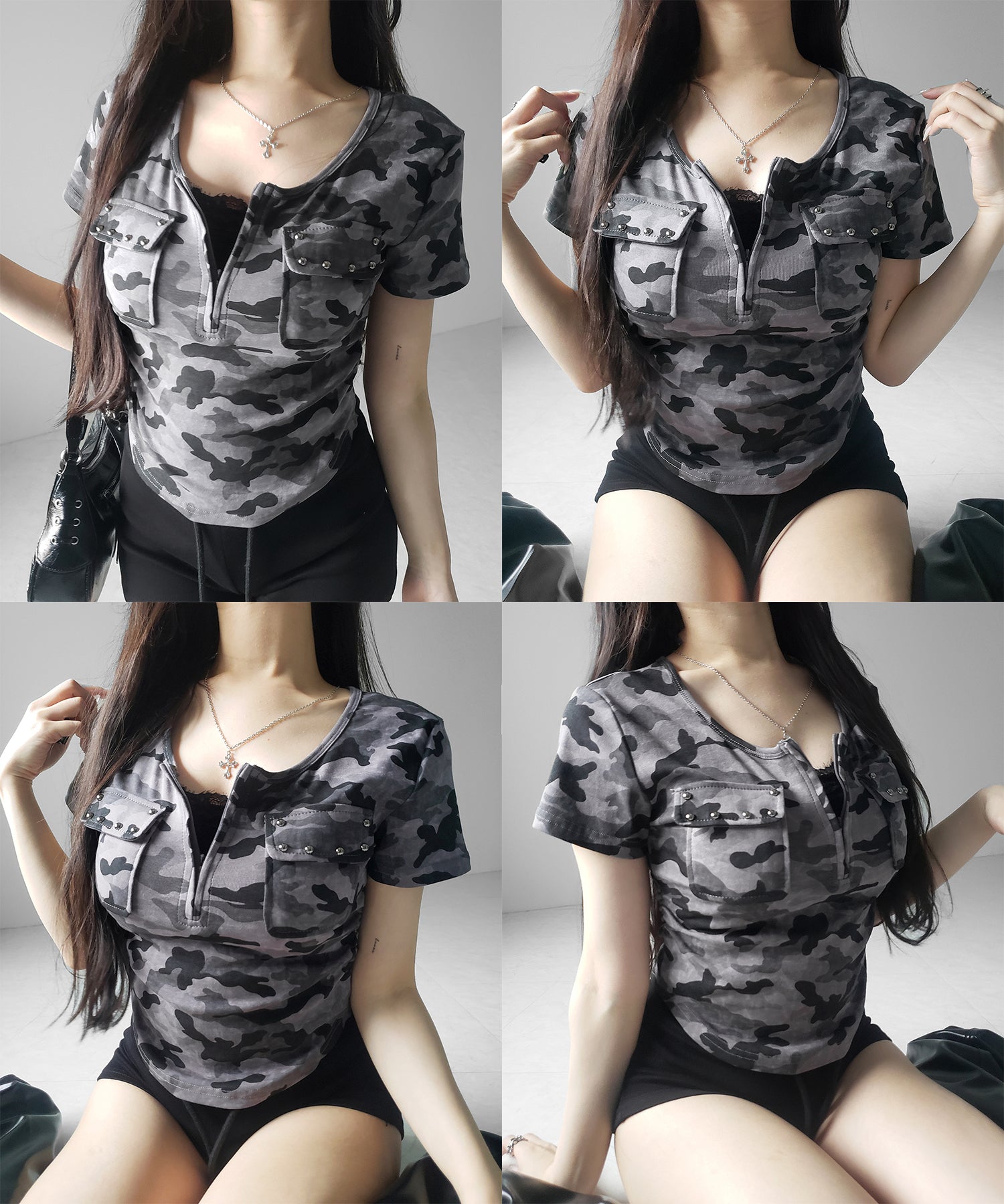 ヴィンテージカモフラアウトポケットジップ半袖Tシャツ ／ vintage camouflage out pocket zip short sleeve T-shirt
