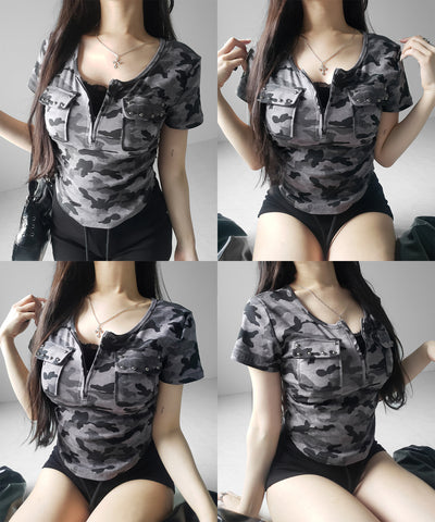 ヴィンテージカモフラアウトポケットジップ半袖Tシャツ ／ vintage camouflage out pocket zip short sleeve T-shirt