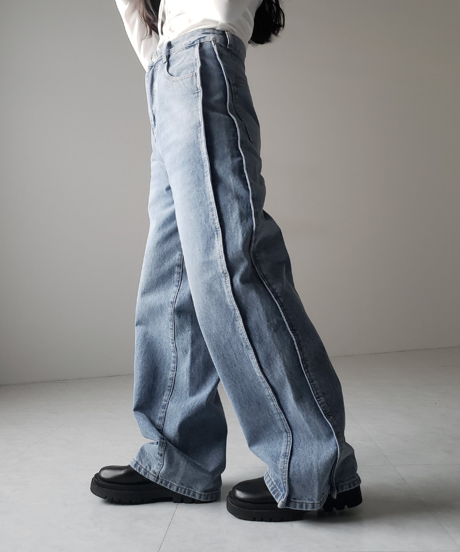 【 ３color ／ ４size 】サイドタック切替ハイウエストストレートデニム ／side tack kirikae highwaist straight denim