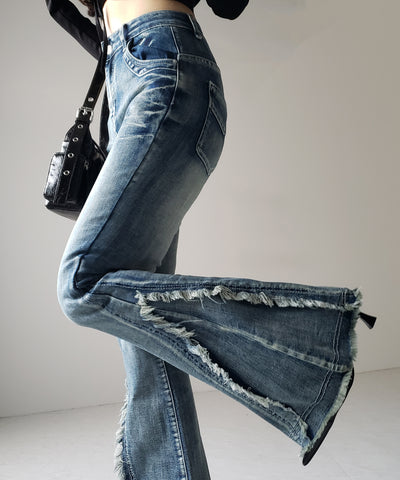 【 ２color ／ ４size 】ヴィンテージライクフリンジストレッチフレアデニム ／ Vintage-like fringe stretch flare denim