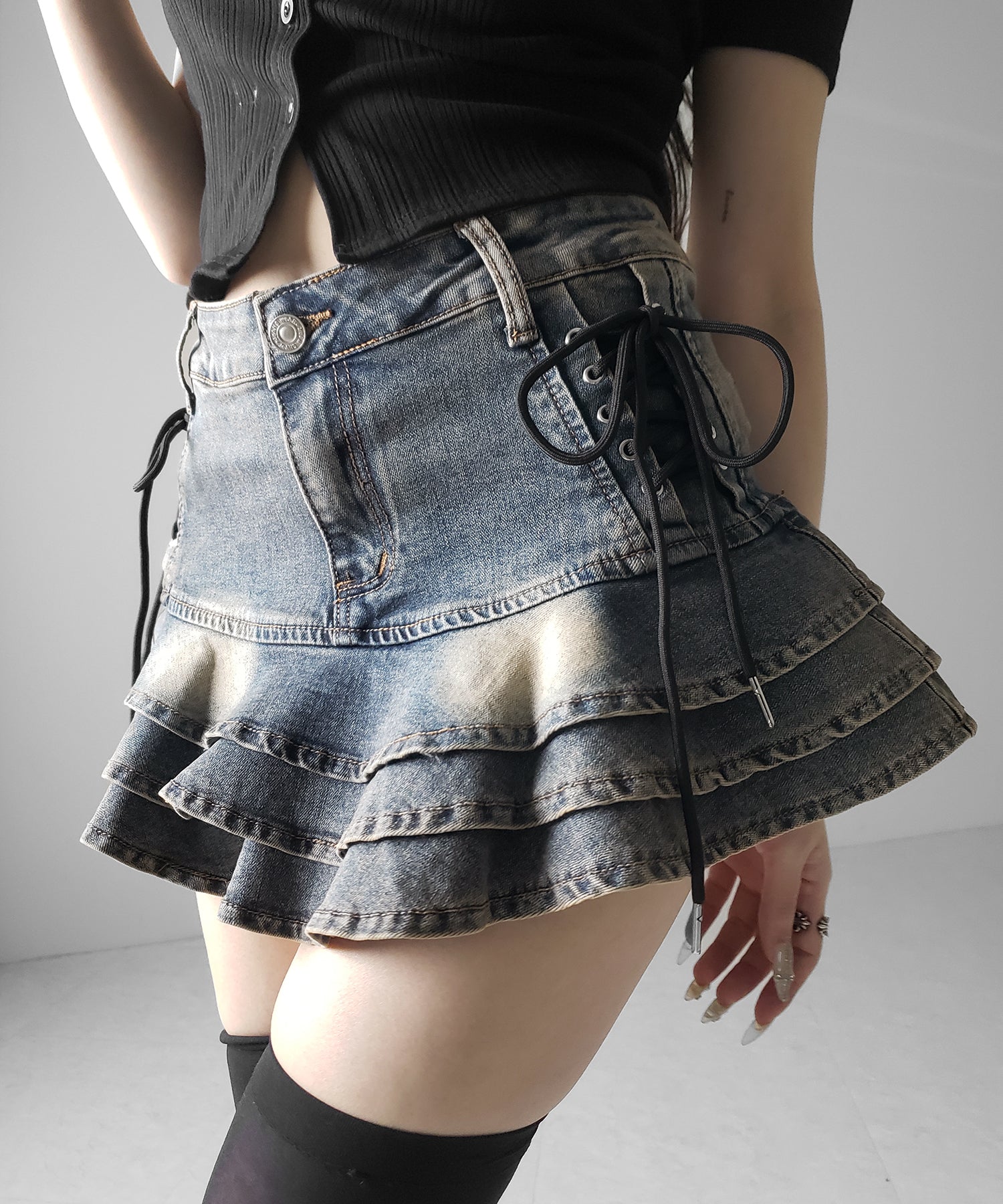 【 インパン裏地付 】レースアップブラックフリルミニスカート ／ laceup black frill mini skirt