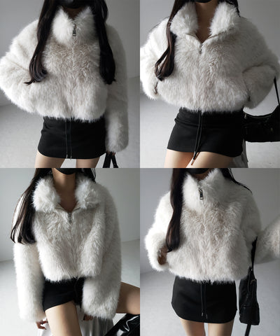 ジップアップスタンドカラーショートフェイクファーコート ／ zip up stand-collar short fake fur coat