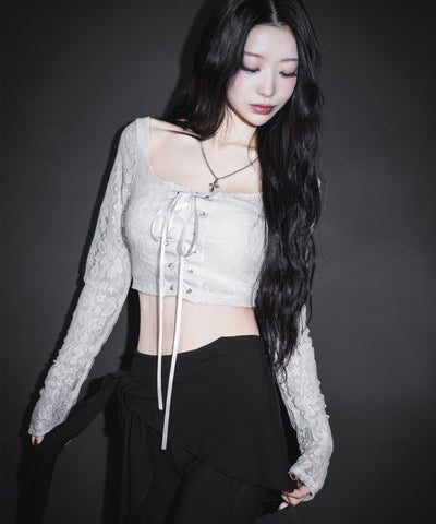 【 ２color 】レースアップコルセットリボンショートレーストップス ／ laceup corset ribbon short lace tops