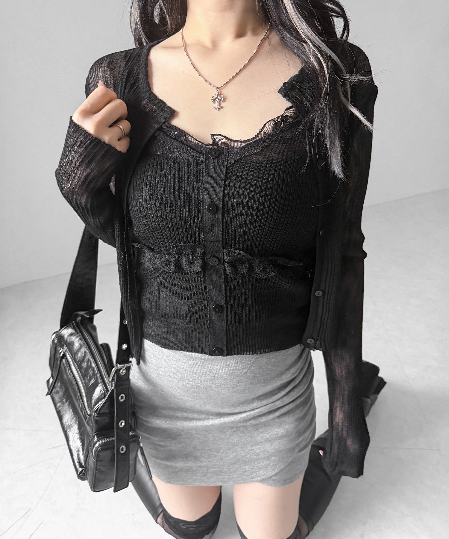 【 2点セット 】フロントレースシアーニットキャミソール ＋カーディガン SET / front lace sheer knit camisole + cardigan set