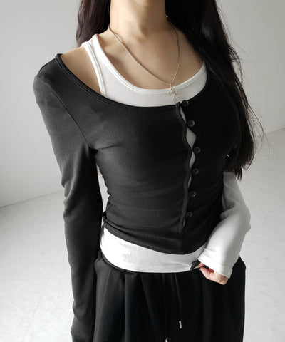 【 ２color 】ブロッキングセットレイヤードトップス ／ blocking set layered tops