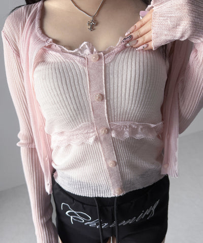 【 2点セット 】フロントレースシアーニットキャミソール ＋カーディガン SET / front lace sheer knit camisole + cardigan set