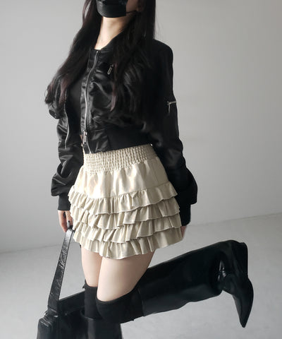 【 ３color ／インナーパンツ裏地付 】ハイウエストシャーリングフリルミニスカート ／ high waist shirring frill mini skirt