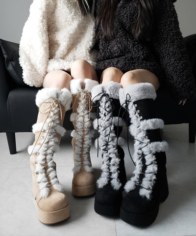 厚底レースアップムートンロングブーツ ／ platform laceup mouton long boots