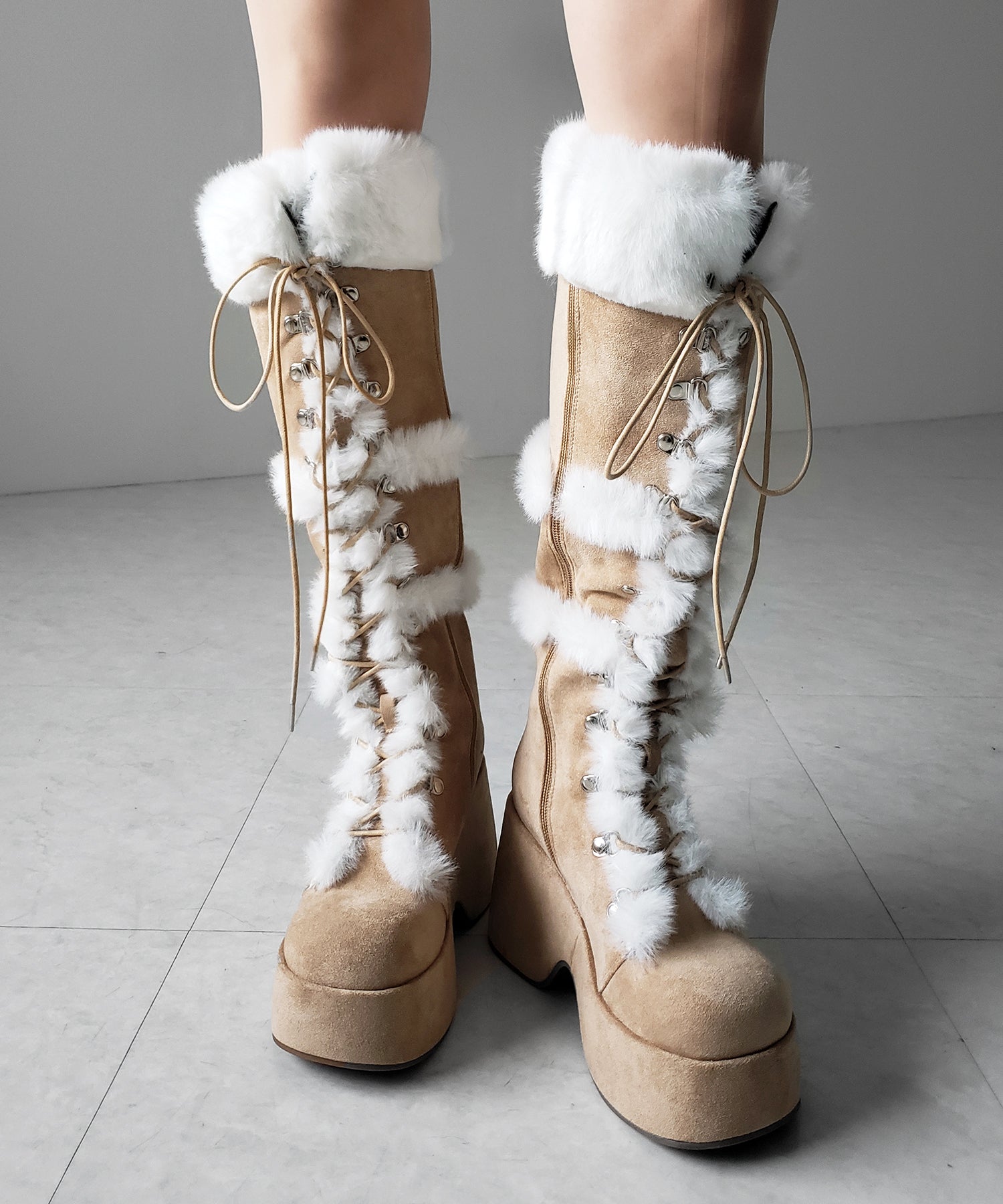 厚底レースアップムートンロングブーツ ／ platform laceup mouton long boots