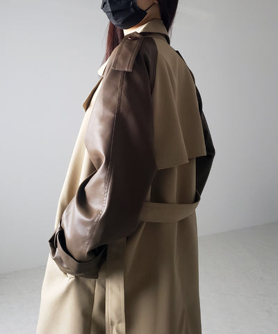 【 ３COLOR 】フェイクレザードッキングロングトレンチコート