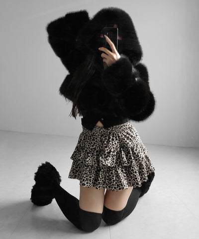 【 無地 or レオパードから選べる ／ インパン裏地付 】コーデュロイティアードフリルミニスカート ／ corduroy tiered frill mini skirt