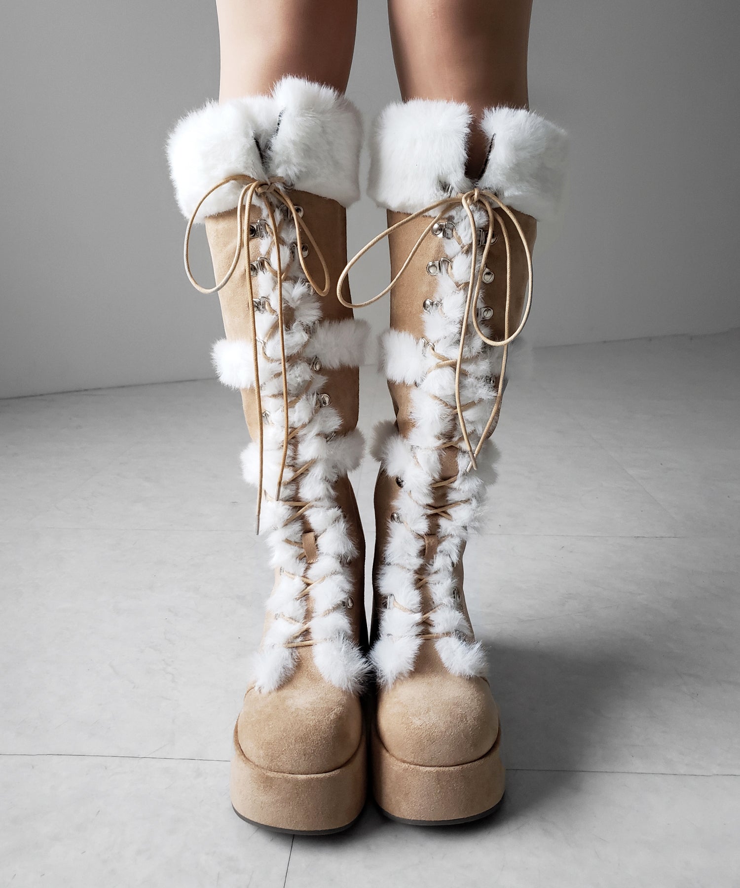 厚底レースアップムートンロングブーツ ／ platform laceup mouton long boots