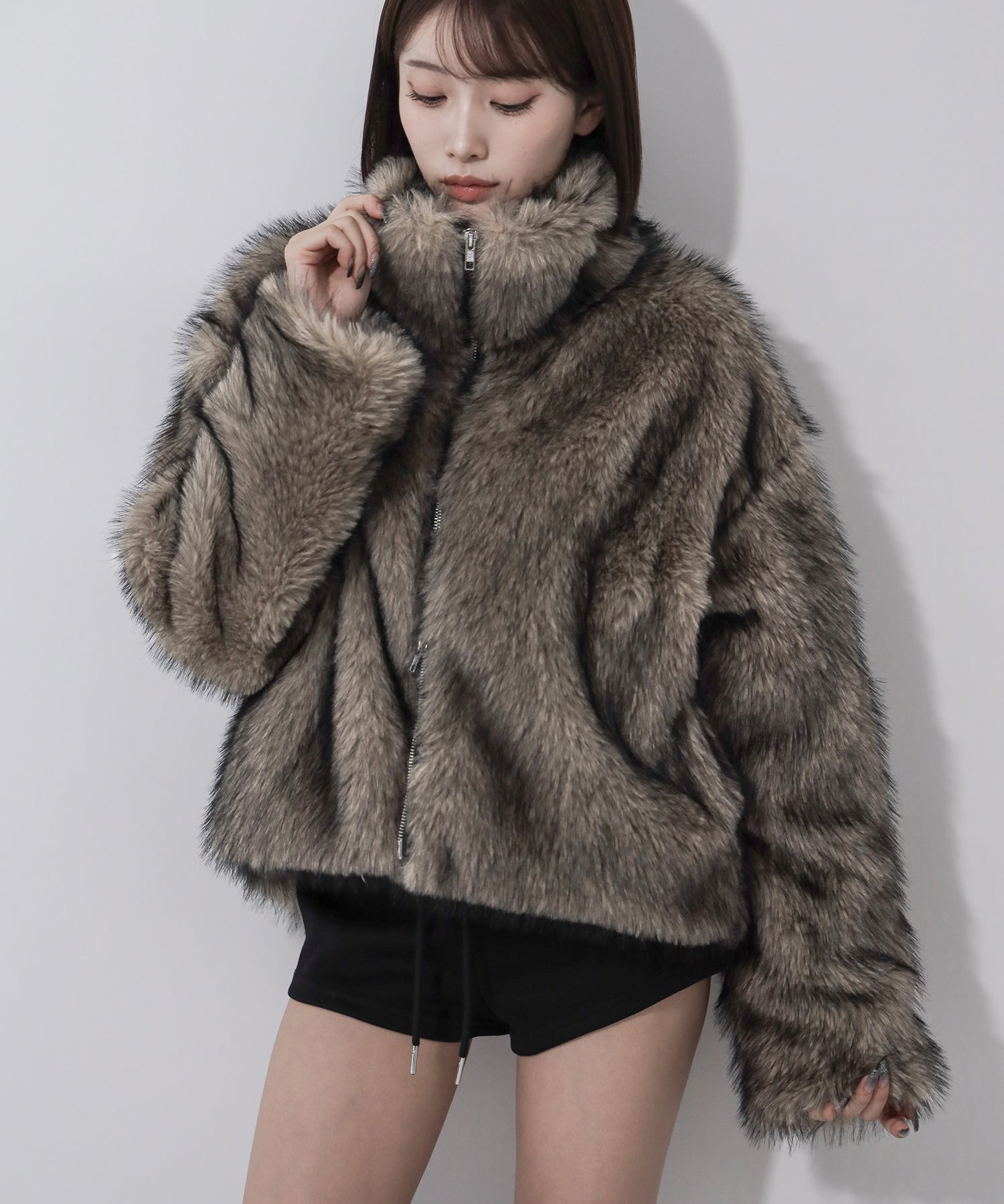 ダブルジップスタンドカラーミックスファージャケット ／ double zip