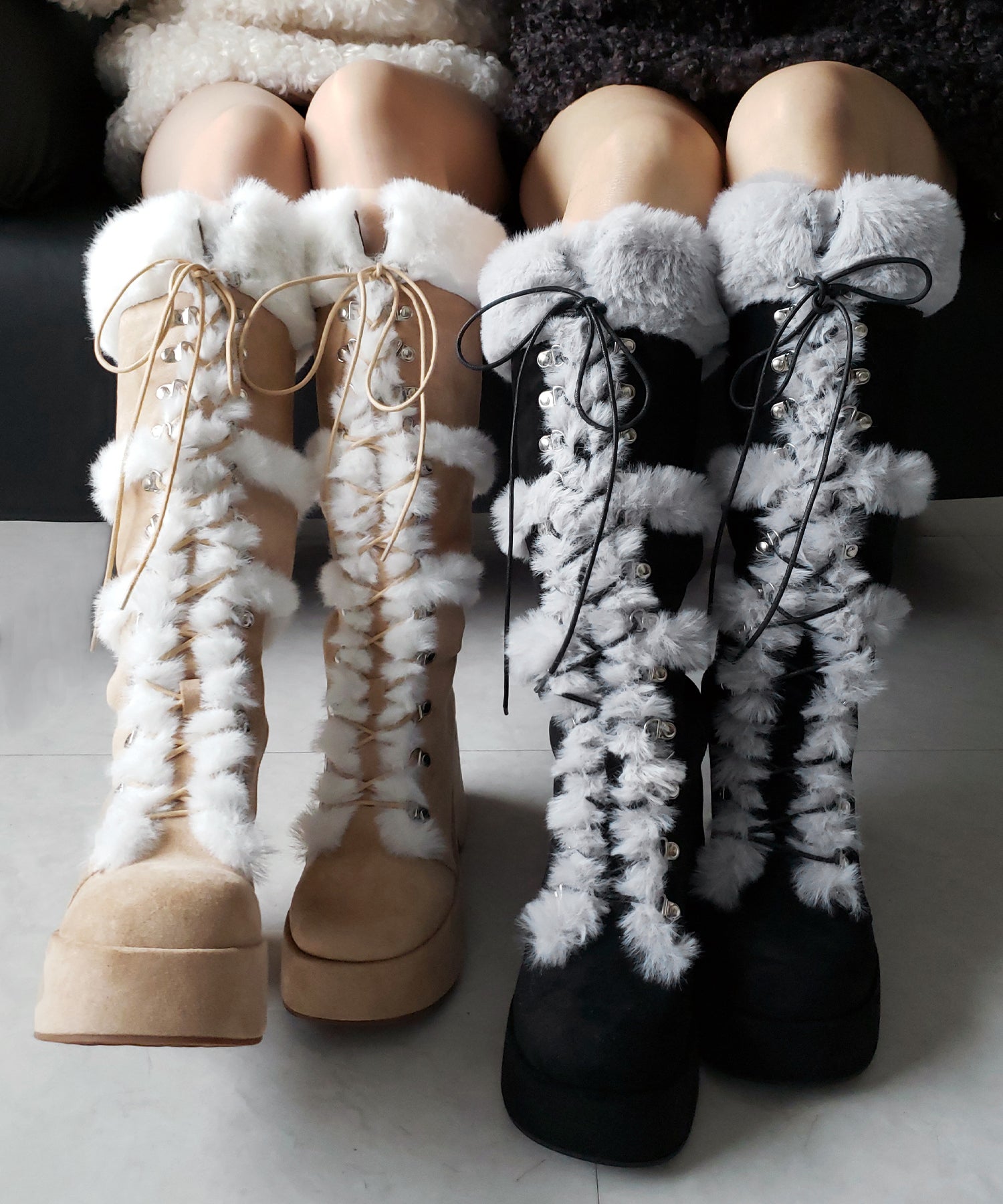厚底レースアップムートンロングブーツ ／ platform laceup mouton long boots