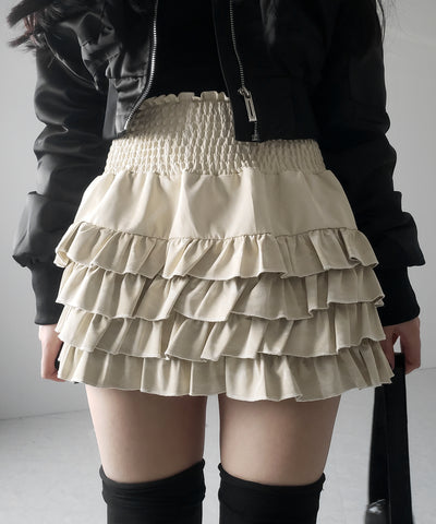 【 ３color ／インナーパンツ裏地付 】ハイウエストシャーリングフリルミニスカート ／ high waist shirring frill mini skirt