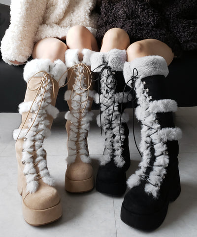 厚底レースアップムートンロングブーツ ／ platform laceup mouton long boots
