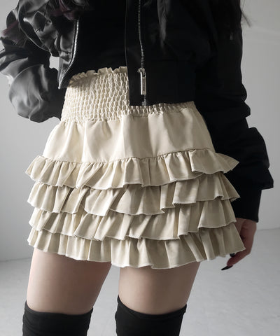 【 ３color ／インナーパンツ裏地付 】ハイウエストシャーリングフリルミニスカート ／ high waist shirring frill mini skirt