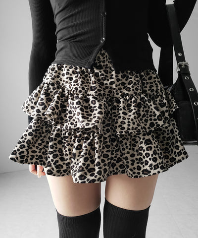 【 無地 or レオパードから選べる ／ インパン裏地付 】コーデュロイティアードフリルミニスカート ／ corduroy tiered frill mini skirt