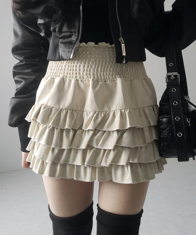 【 ３color ／インナーパンツ裏地付 】ハイウエストシャーリングフリルミニスカート ／ high waist shirring frill mini skirt