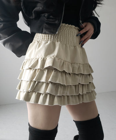 【 ３color ／インナーパンツ裏地付 】ハイウエストシャーリングフリルミニスカート ／ high waist shirring frill mini skirt