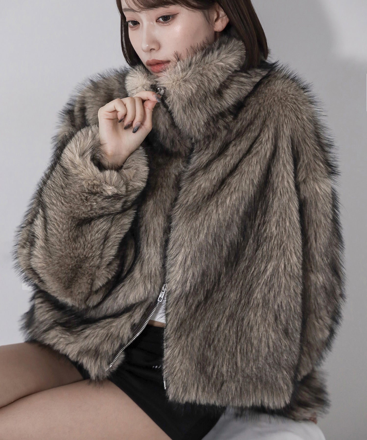 ダブルジップスタンドカラーミックスファージャケット ／ double zip stand collar mix fur jacket
