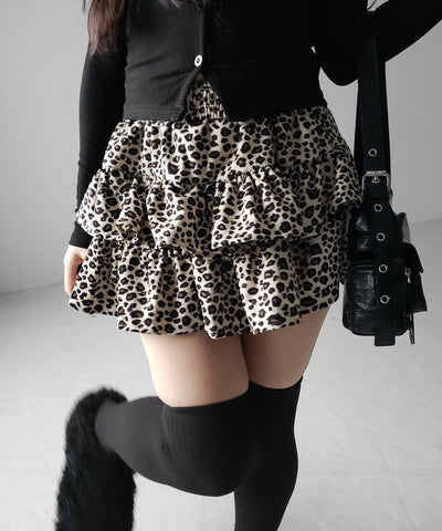 【 無地 or レオパードから選べる ／ インパン裏地付 】コーデュロイティアードフリルミニスカート ／ corduroy tiered frill mini skirt