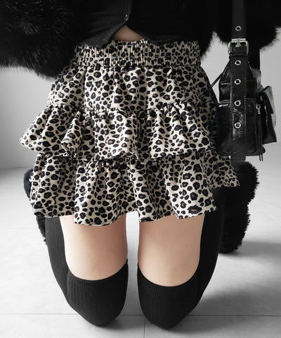 【 無地 or レオパードから選べる ／ インパン裏地付 】コーデュロイティアードフリルミニスカート ／ corduroy tiered frill mini skirt