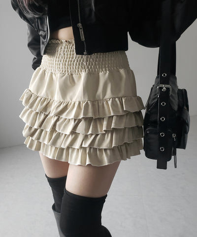 【 ３color ／インナーパンツ裏地付 】ハイウエストシャーリングフリルミニスカート ／ high waist shirring frill mini skirt