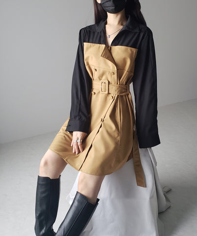 【 ２color 】バイカラーシャツドッキングトレンチミニワンピース