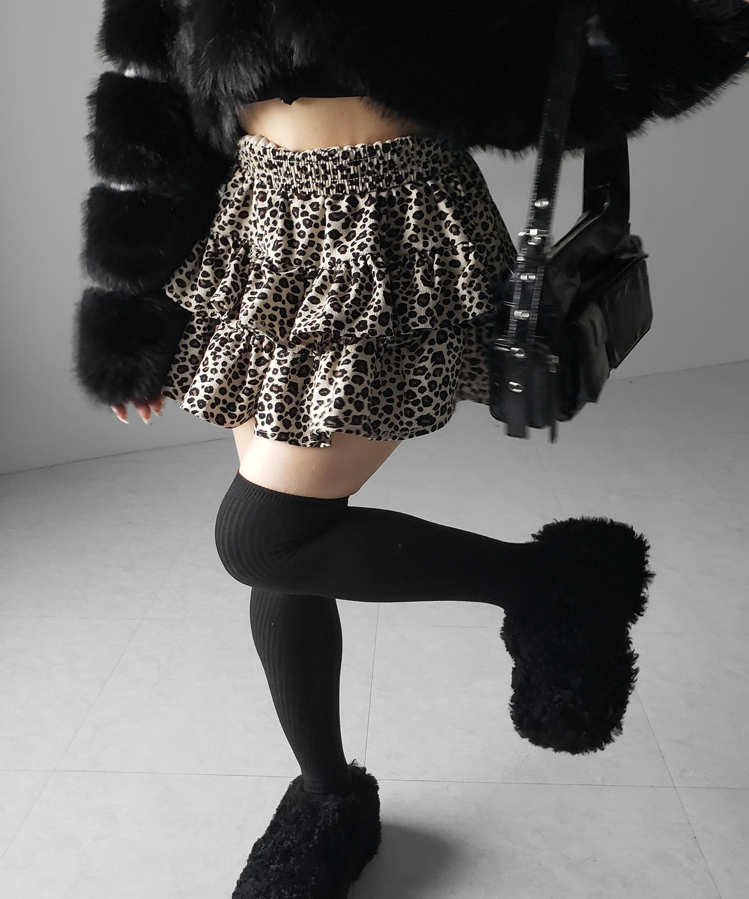 【 無地 or レオパードから選べる ／ インパン裏地付 】コーデュロイティアードフリルミニスカート ／ corduroy tiered frill mini skirt