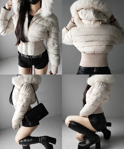 ウエストマークファーフードレディフェイクダウンジャケット ／ waist mark fur hooded lady fake down jacket