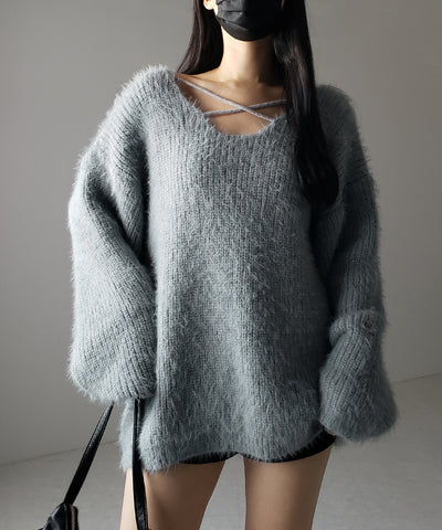 【 ５color 】クロスストラップカットアウトルーズシャギーニット