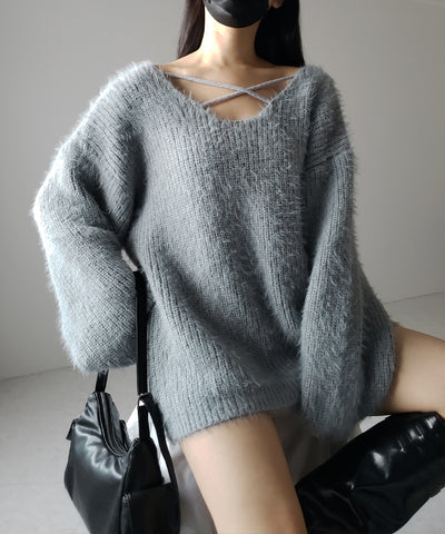 【 ５color 】クロスストラップカットアウトルーズシャギーニット