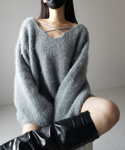 【 ５color 】クロスストラップカットアウトルーズシャギーニット