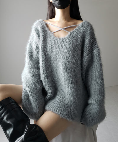 【 ５color 】クロスストラップカットアウトルーズシャギーニット