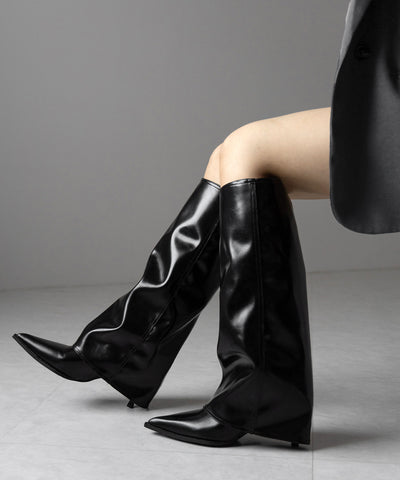 【 ２color 】ポインテッドトゥフェイクレザーカバーロングブーツ ／ pointed toe fake leather covered long boots