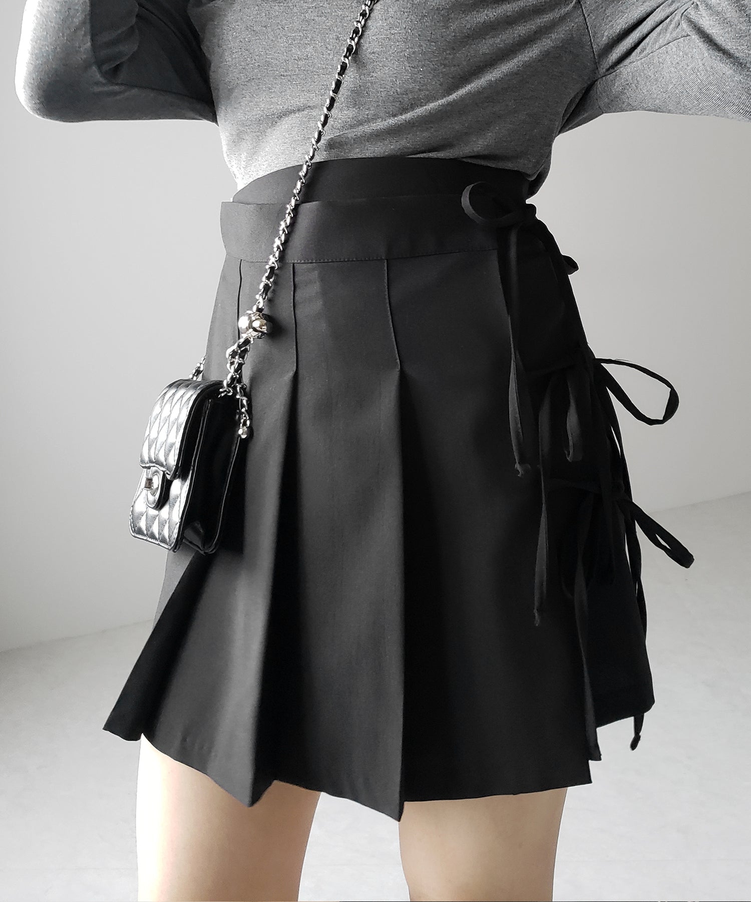 【 ３color 】３ストラップサイドリボンタックプリーツミニスカート ／ 3 strap side ribbon tuck pleated mini  skirt