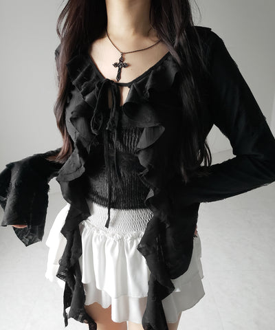 【 ２color 】ダメージフリルショートリボンカーディガン ／ damage frill short ribbon cardigan