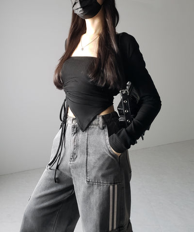 【 ２color ／ ４size 】サイドラインストレートカーゴデニムパンツ ／ sideline straight cargo denim pants