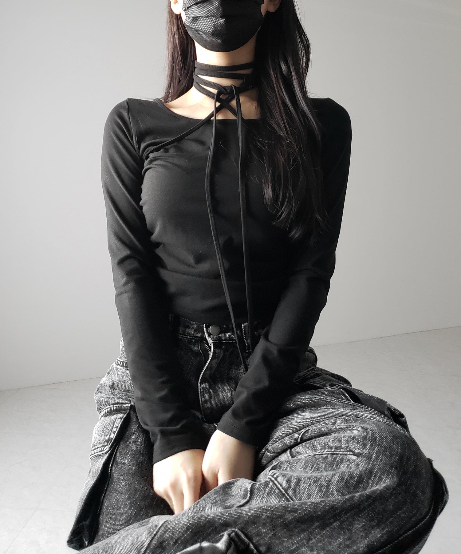 【 ３color 】クロスストラップロングチョーカーリボントップス ／ cross strap long choker ribbon tops