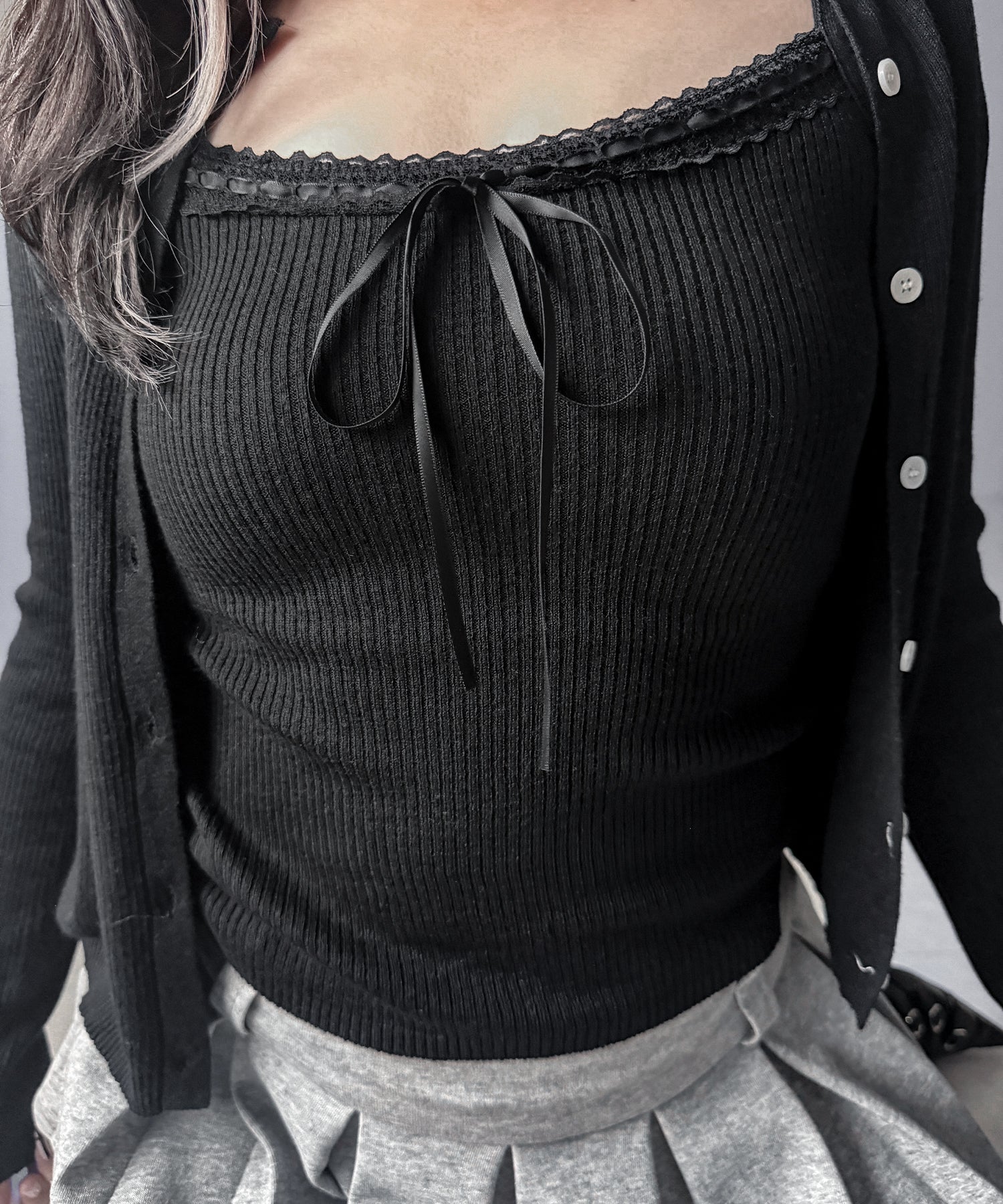 【 ２点セット 】リボンリブニットキャミソール ＋ カーディガンセット / ribbon rib knit camisole + cardigan set