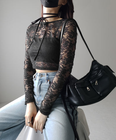 【 ２color 】ストラップリボンショートレーストップス ／ strap ribbon short lace tops